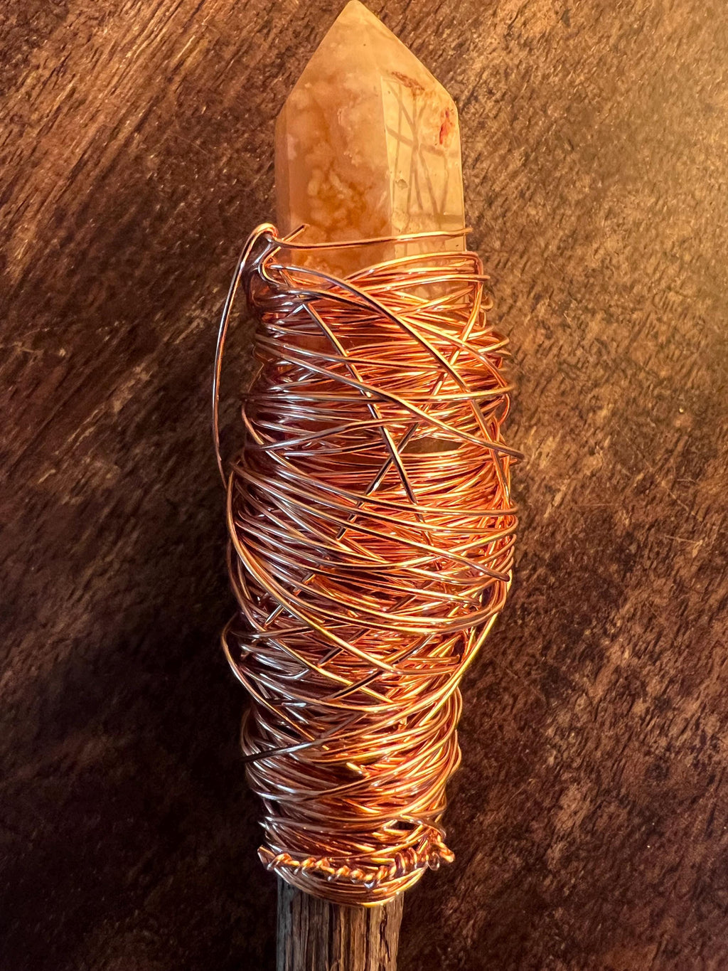 Handmade Flower Agate Crystal Handmade Wand, Foraged Grapevine Wand, Witch’s Ritual Tool, Crystal Staff, Copper Wire Wrapped, OOAK Decor