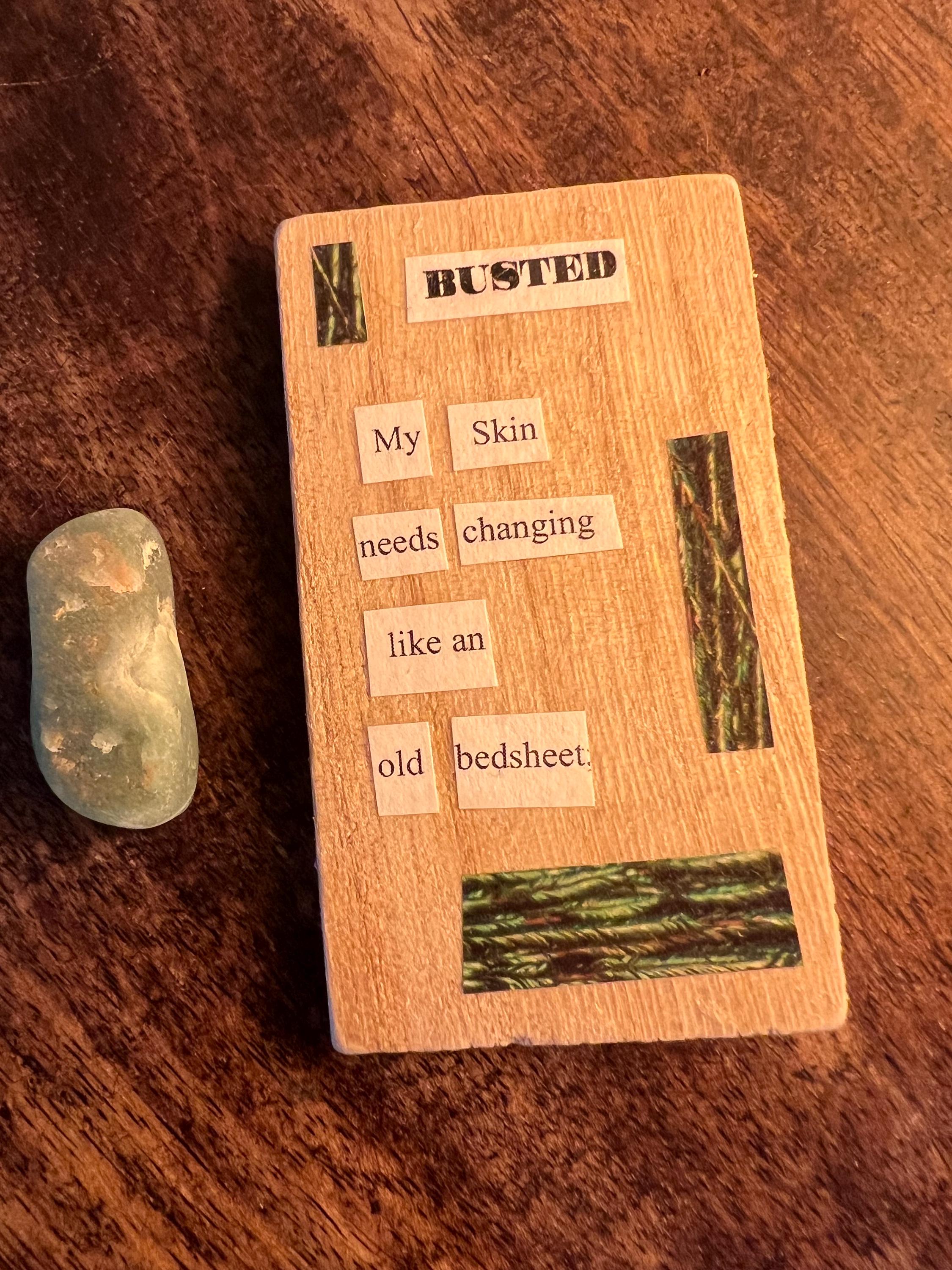 Busted, poetry art, reclaimed wood, made by the witch at OLC