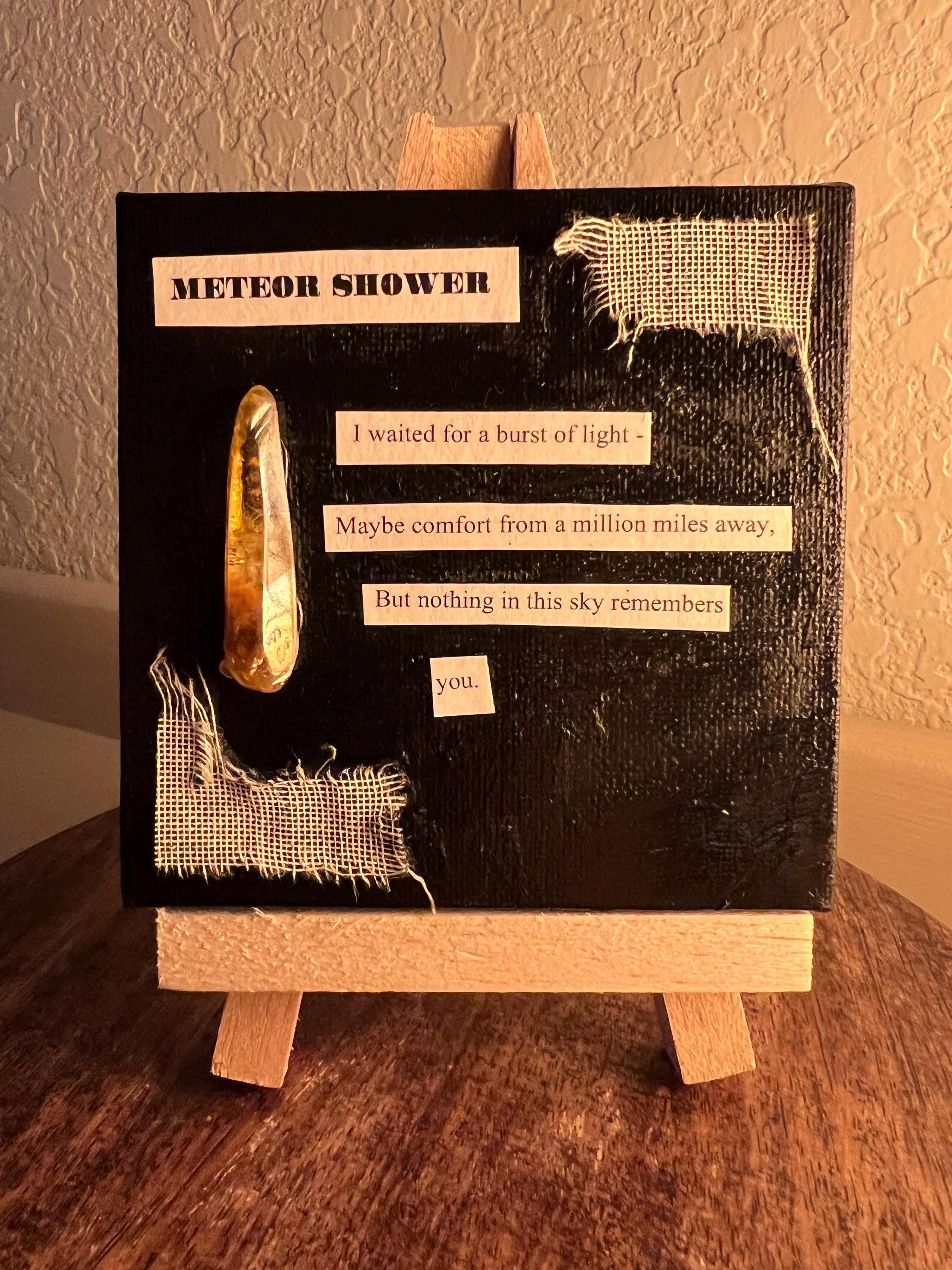 Meteor Shower, Original Mixed Media Poetry Art 4x4 Canvas Handmade by the Witch Celestial Decor Gothic Cottagecore Gift