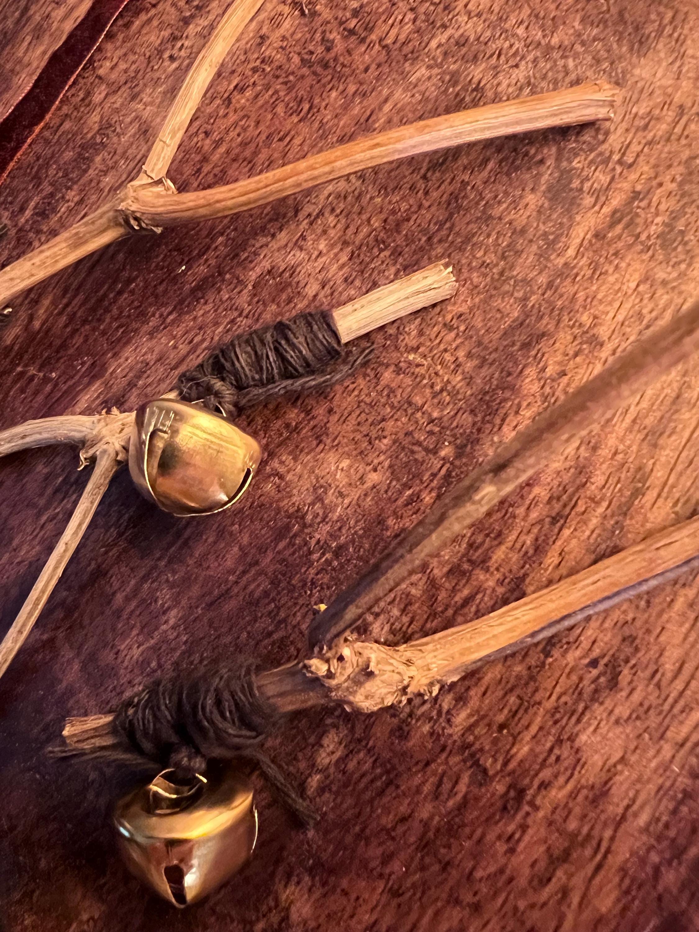 Vegan Wishbone, Organic Basil Wishbone Charm, Gold Bell, Vegan Witchcraft Curio