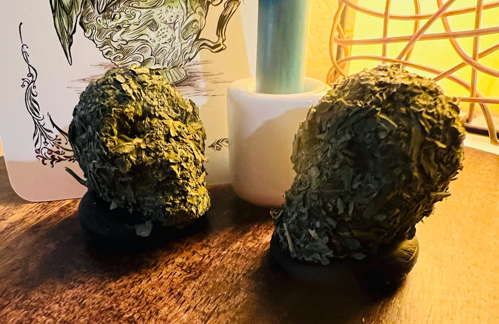 Basil Covered Skull Charm, Homegrown Herbs, Mini Altar Decor