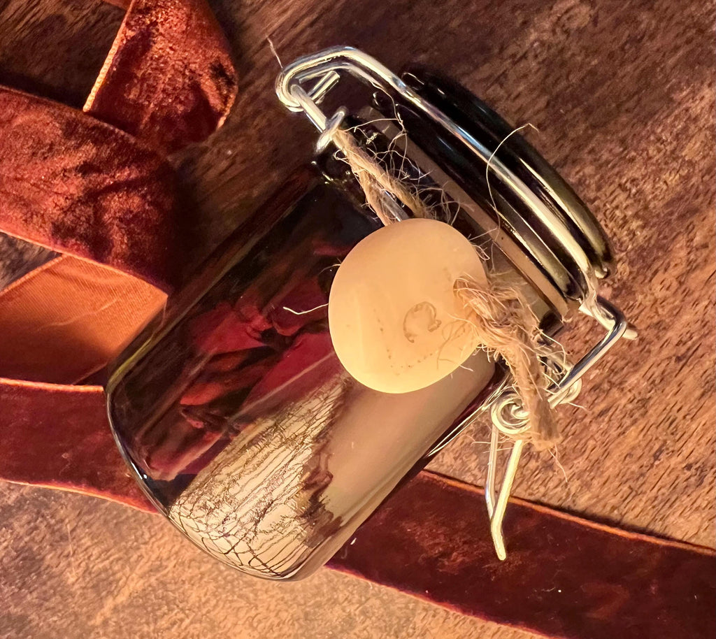 Organic Crushed Cinnamon Stick in Amber Glass Jar, Rustic Apothecary Spice Jar, Kitchen Witch Curio, Handmade Clay Cinnamon Charm, Gift