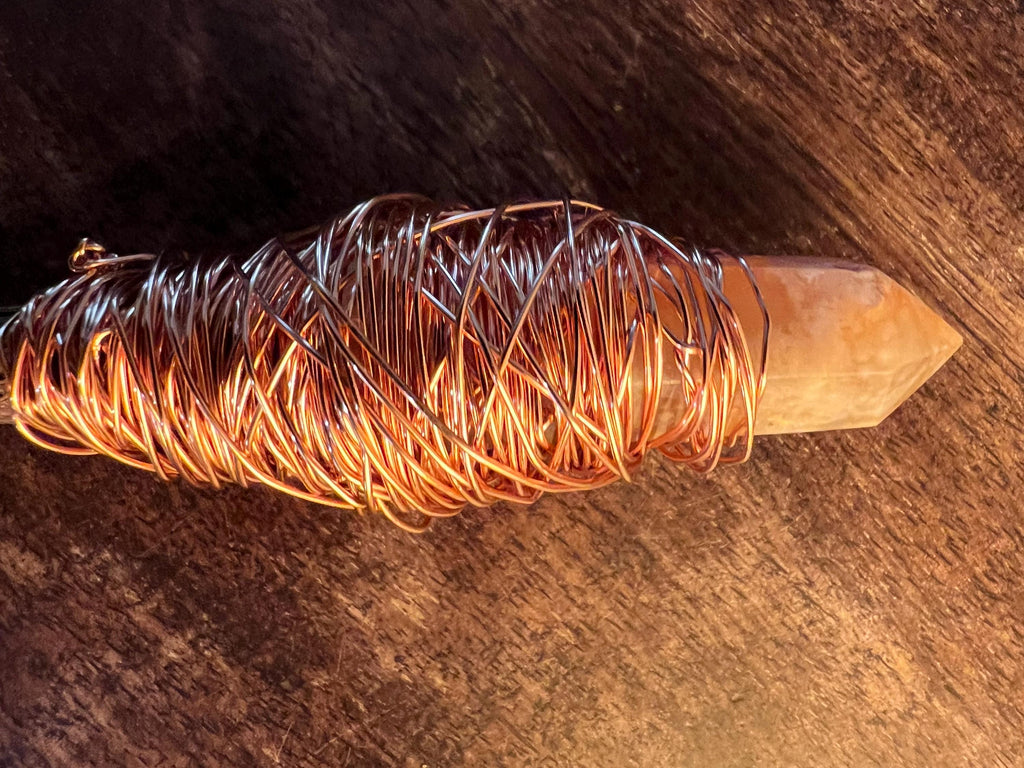 Handmade Flower Agate Crystal Handmade Wand, Foraged Grapevine Wand, Witch’s Ritual Tool, Crystal Staff, Copper Wire Wrapped, OOAK Decor