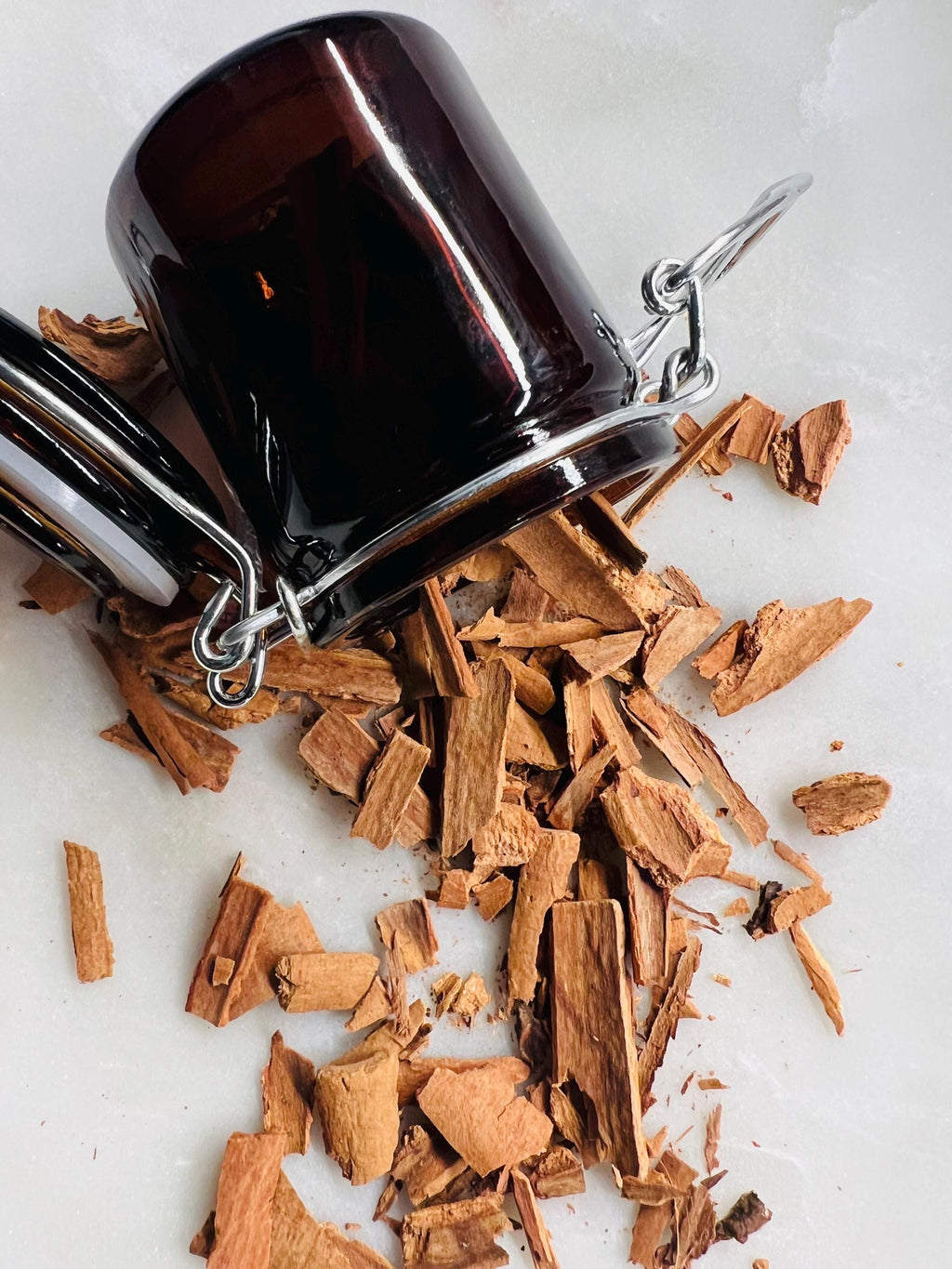 Organic Crushed Cinnamon Stick in Amber Glass Jar, Rustic Apothecary Spice Jar, Kitchen Witch Curio, Handmade Clay Cinnamon Charm, Gift