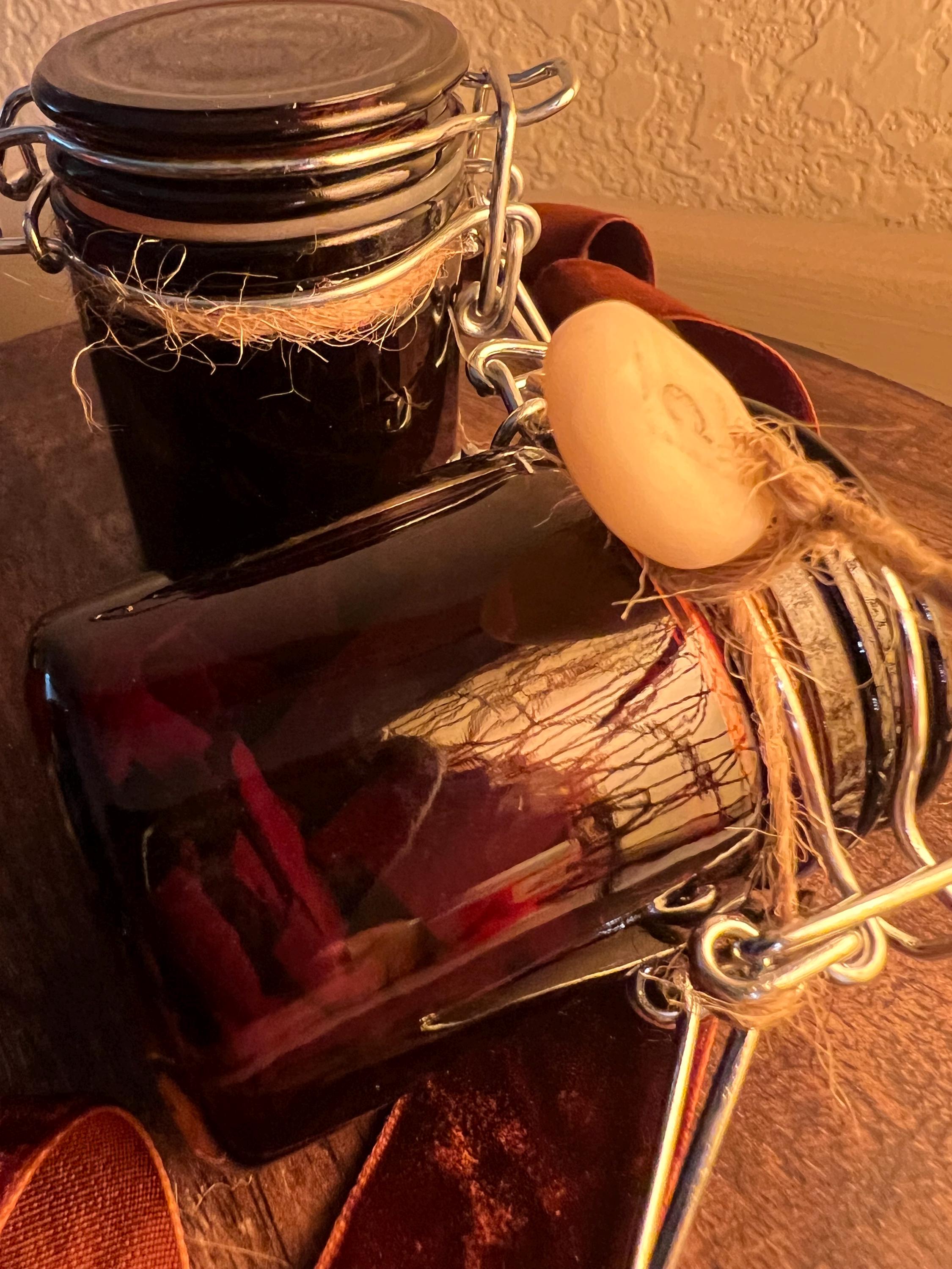 Organic Crushed Cinnamon Stick in Amber Glass Jar, Rustic Apothecary Spice Jar, Kitchen Witch Curio, Handmade Clay Cinnamon Charm, Gift