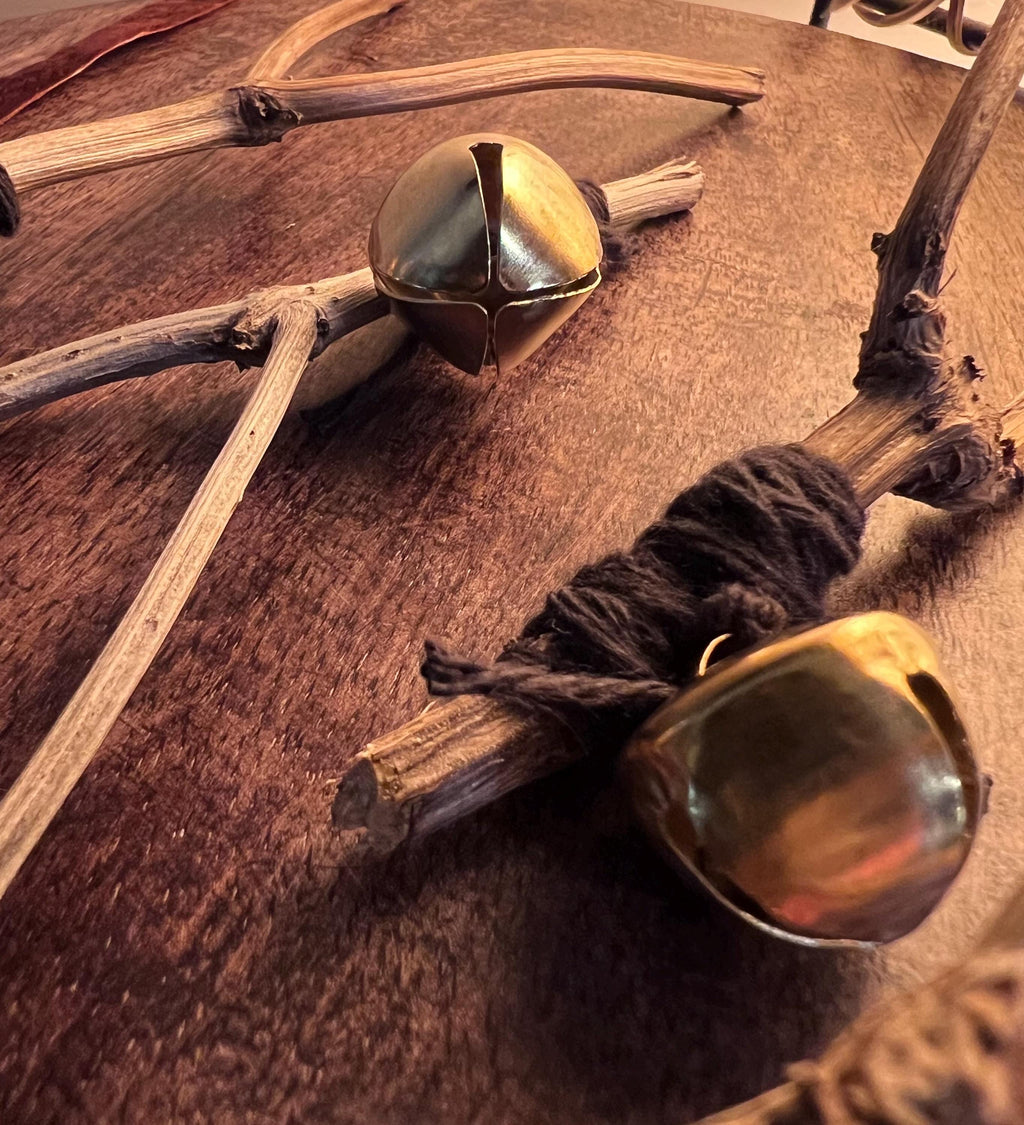 Vegan Wishbone, Organic Basil Wishbone Charm, Gold Bell, Vegan Witchcraft Curio