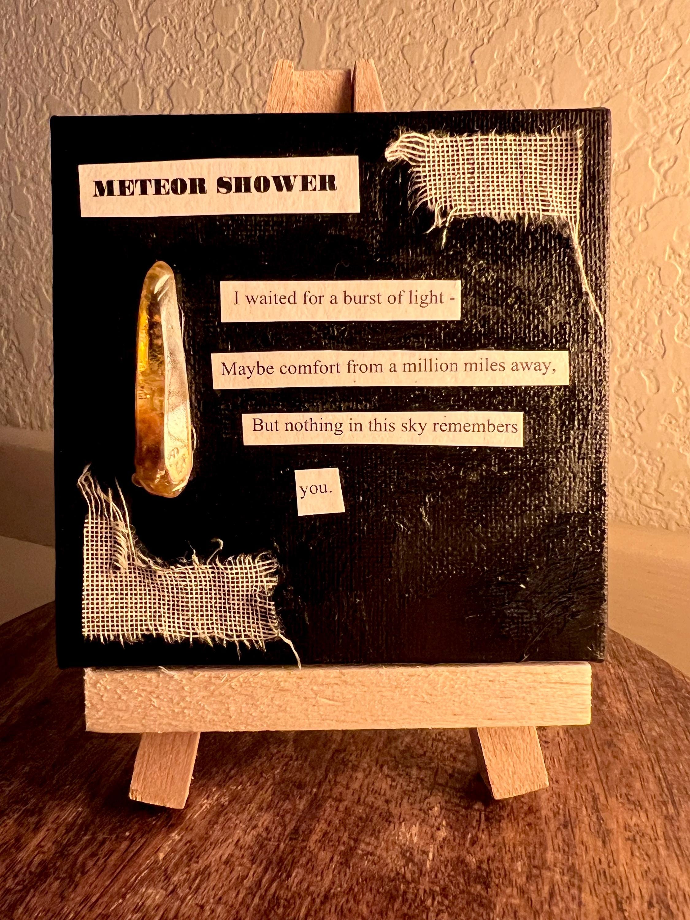 Meteor Shower, Original Mixed Media Poetry Art 4x4 Canvas Handmade by the Witch Celestial Decor Gothic Cottagecore Gift