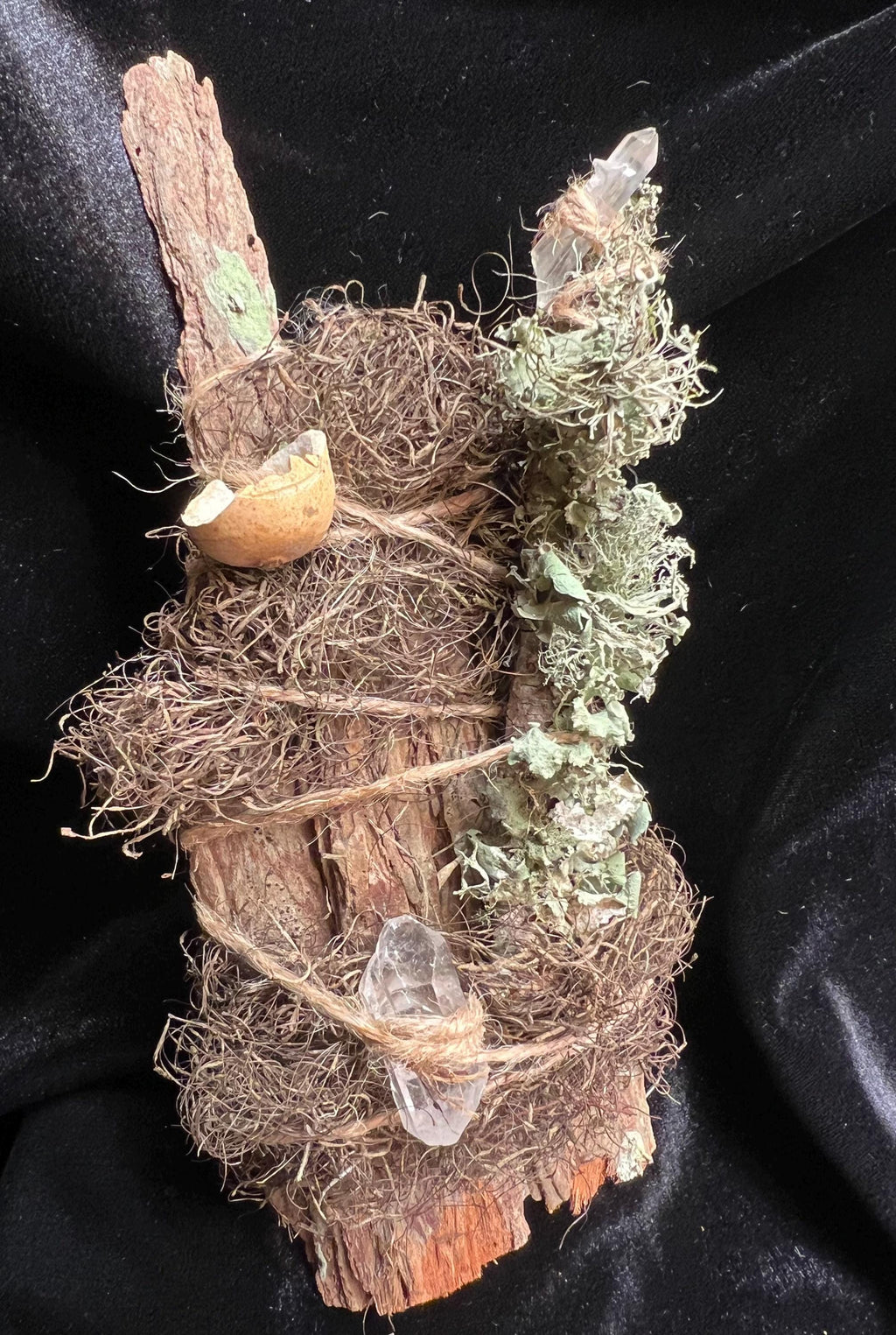 Up in the Trees – Living Altar Piece, Quartz Crystal, Cypress Bark, Lichen, Gourd Curio, Sculpture