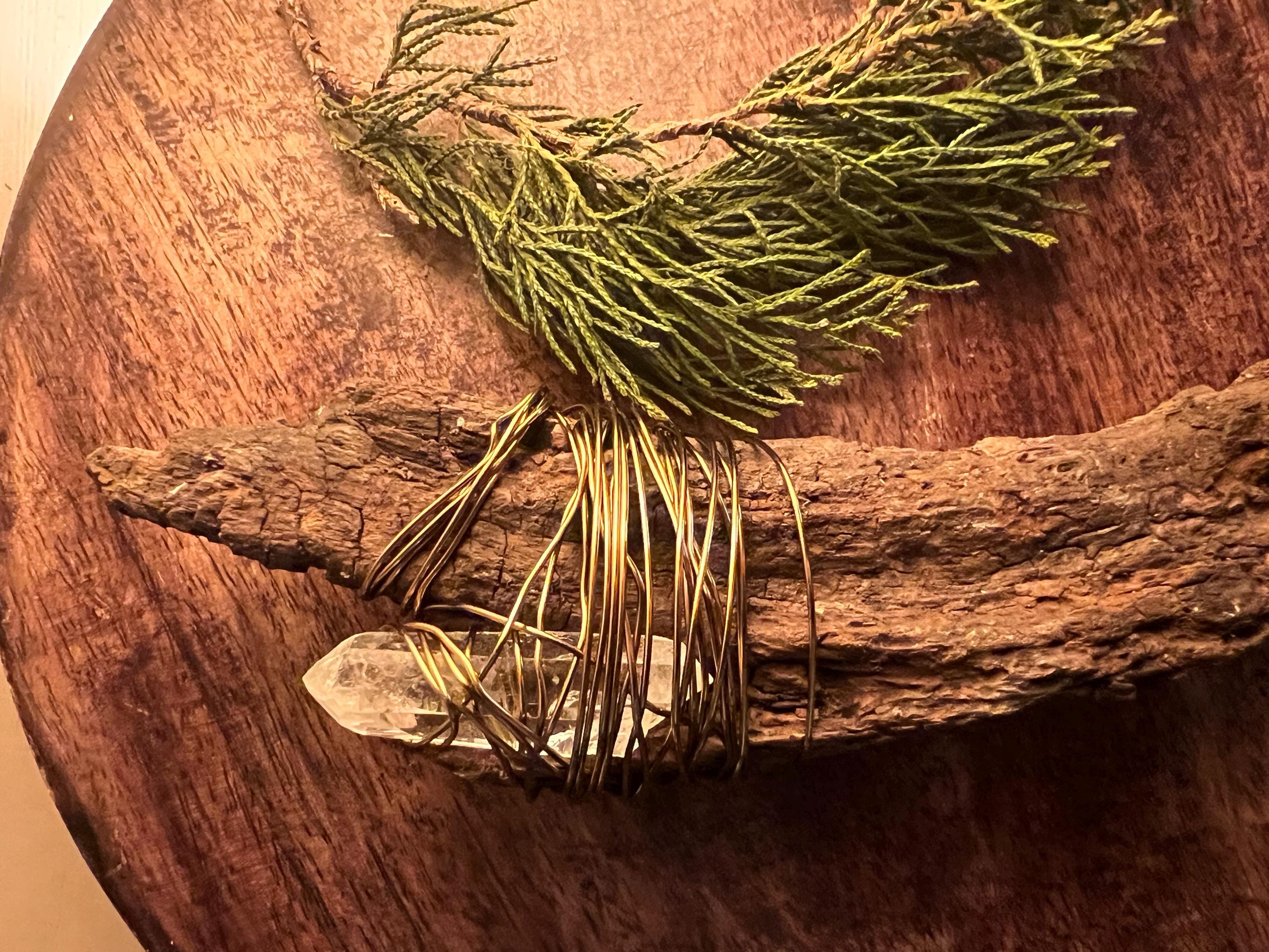 Curved Wood Wand Quartz Crystal Wand Copper Wrapped Wand Foraged Wood Ritual Tool Handmade Witch Wand