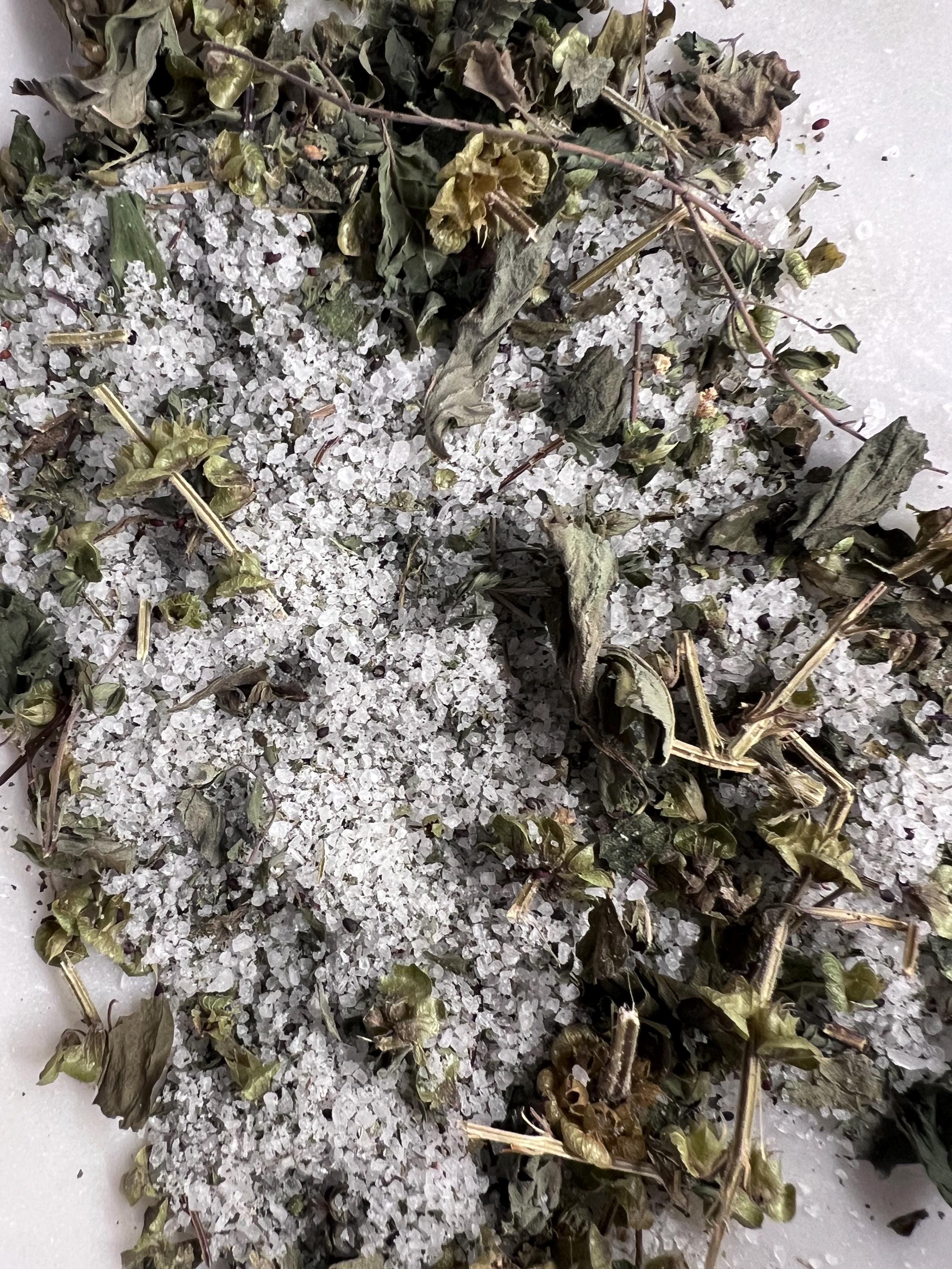 Safe in the Shadows, Herbal Protection Salt Basil Thyme Lemon Balm Mint, Ritual Salt, Witchcraft Supply