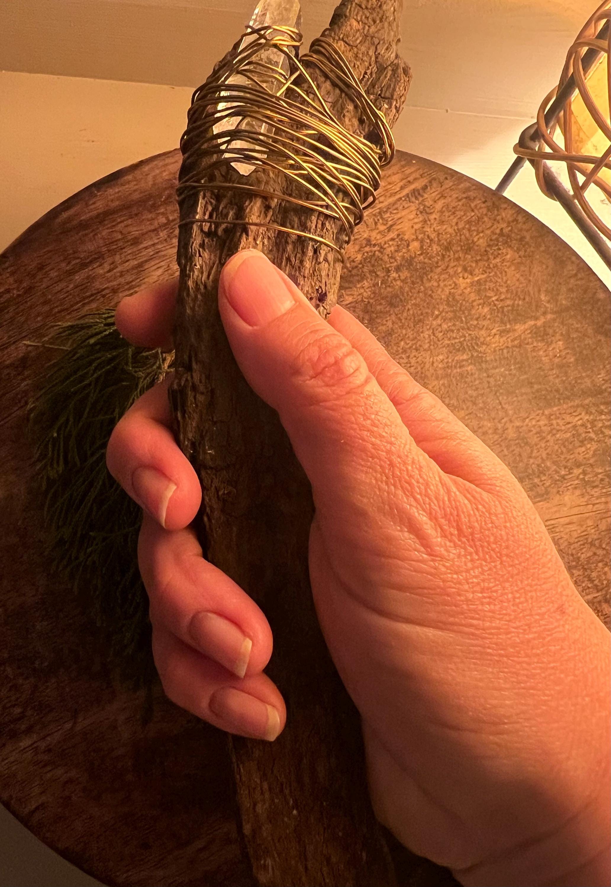 Curved Wood Wand Quartz Crystal Wand Copper Wrapped Wand Foraged Wood Ritual Tool Handmade Witch Wand