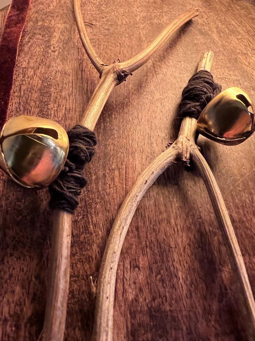 Vegan Wishbone, Organic Basil Wishbone Charm, Gold Bell, Vegan Witchcraft Curio