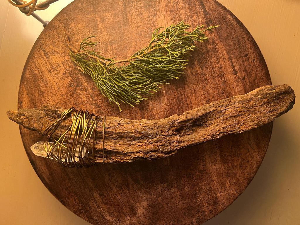 Curved Wood Wand Quartz Crystal Wand Copper Wrapped Wand Foraged Wood Ritual Tool Handmade Witch Wand