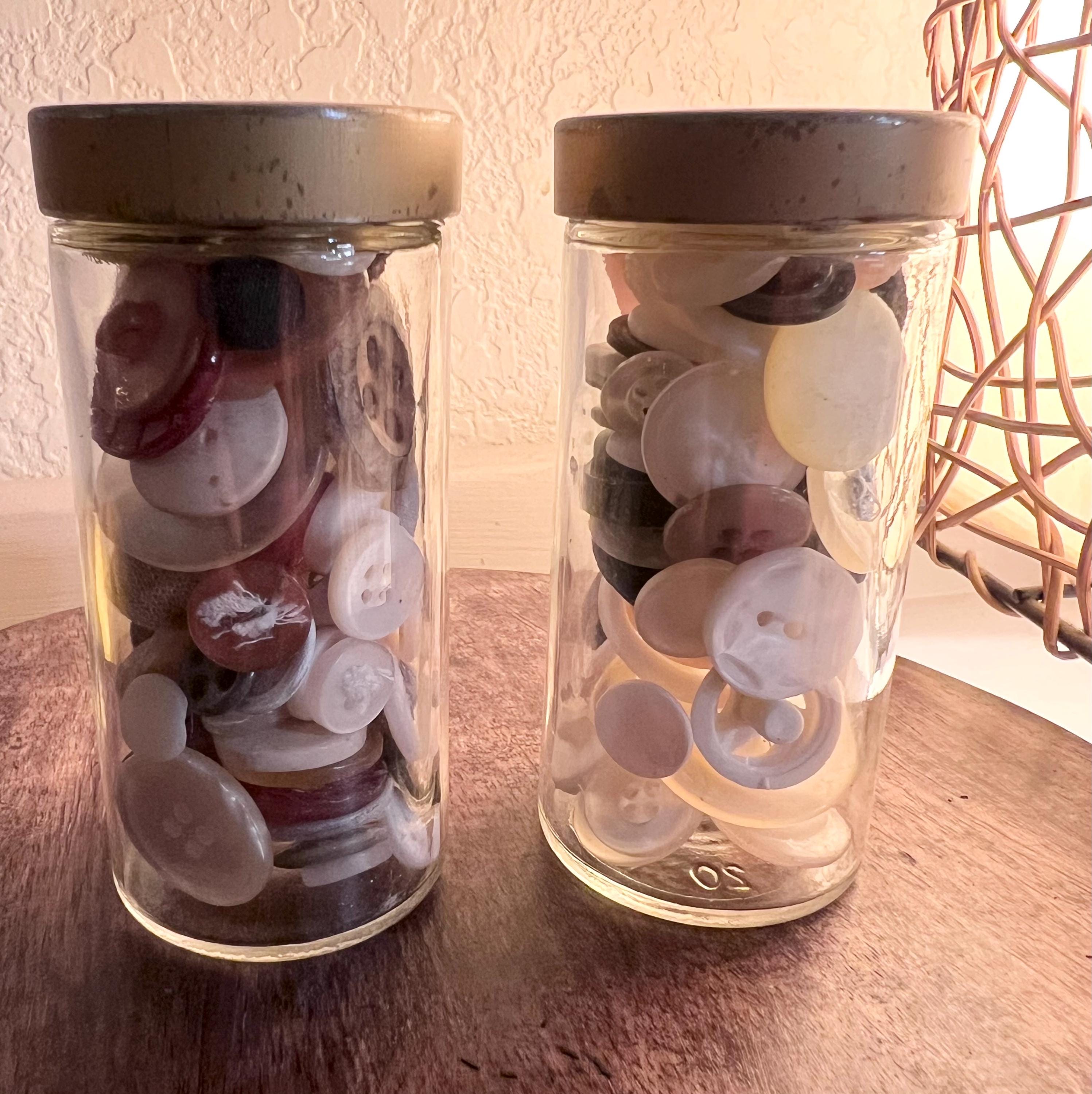 Vintage Button Collection in Glass Jar, Cottagecore Sewing Curio