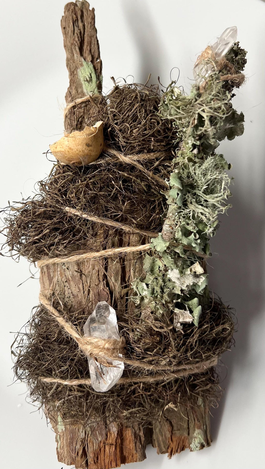 Up in the Trees – Living Altar Piece, Quartz Crystal, Cypress Bark, Lichen, Gourd Curio, Sculpture