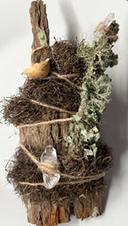 Up in the Trees – Living Altar Piece, Quartz Crystal, Cypress Bark, Lichen, Gourd Curio, Sculpture