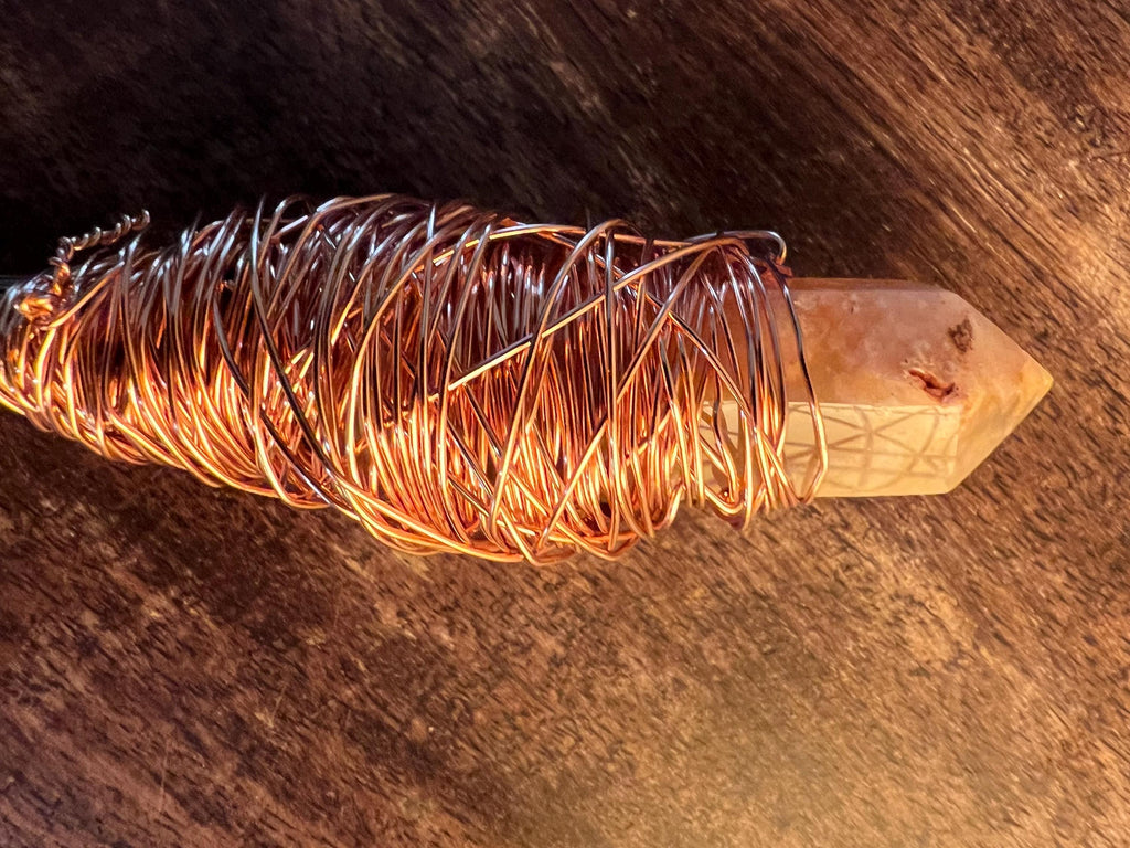 Handmade Flower Agate Crystal Handmade Wand, Foraged Grapevine Wand, Witch’s Ritual Tool, Crystal Staff, Copper Wire Wrapped, OOAK Decor
