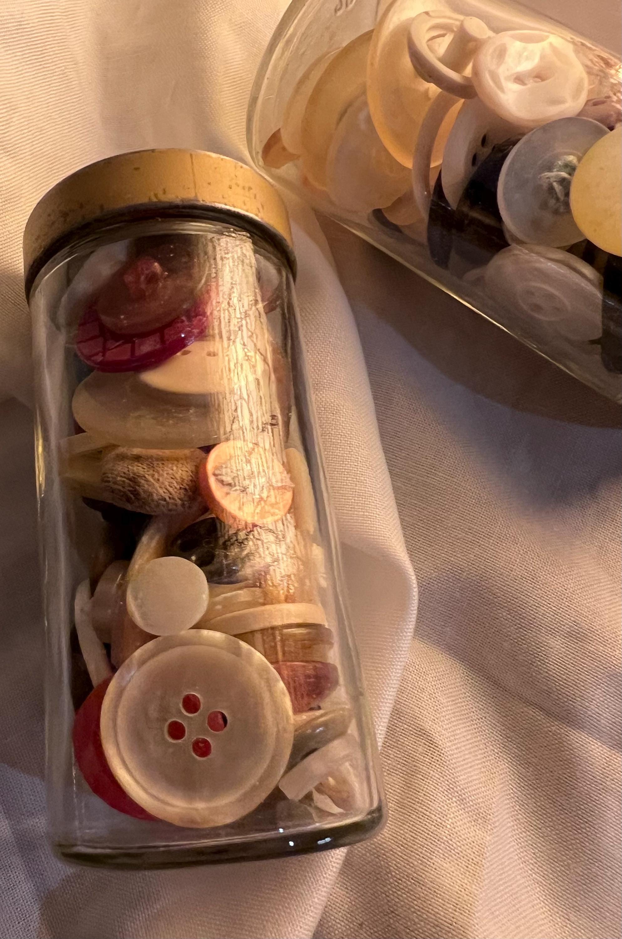 Vintage Button Collection in Glass Jar, Cottagecore Sewing Curio