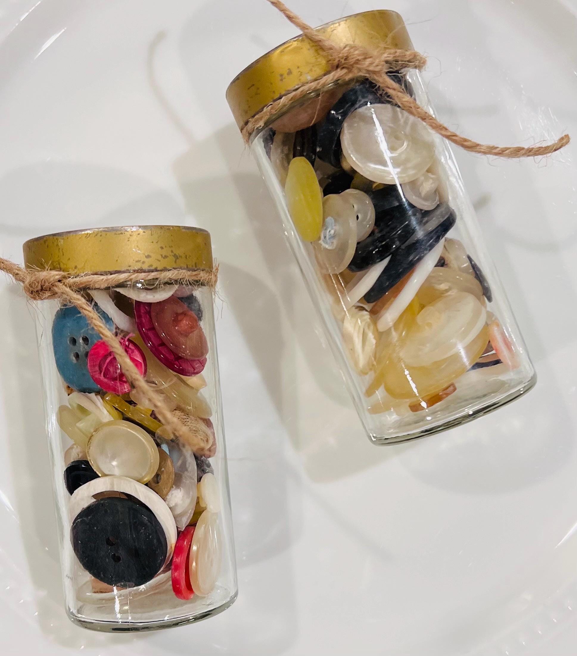 Vintage Button Collection in Glass Jar, Cottagecore Sewing Curio