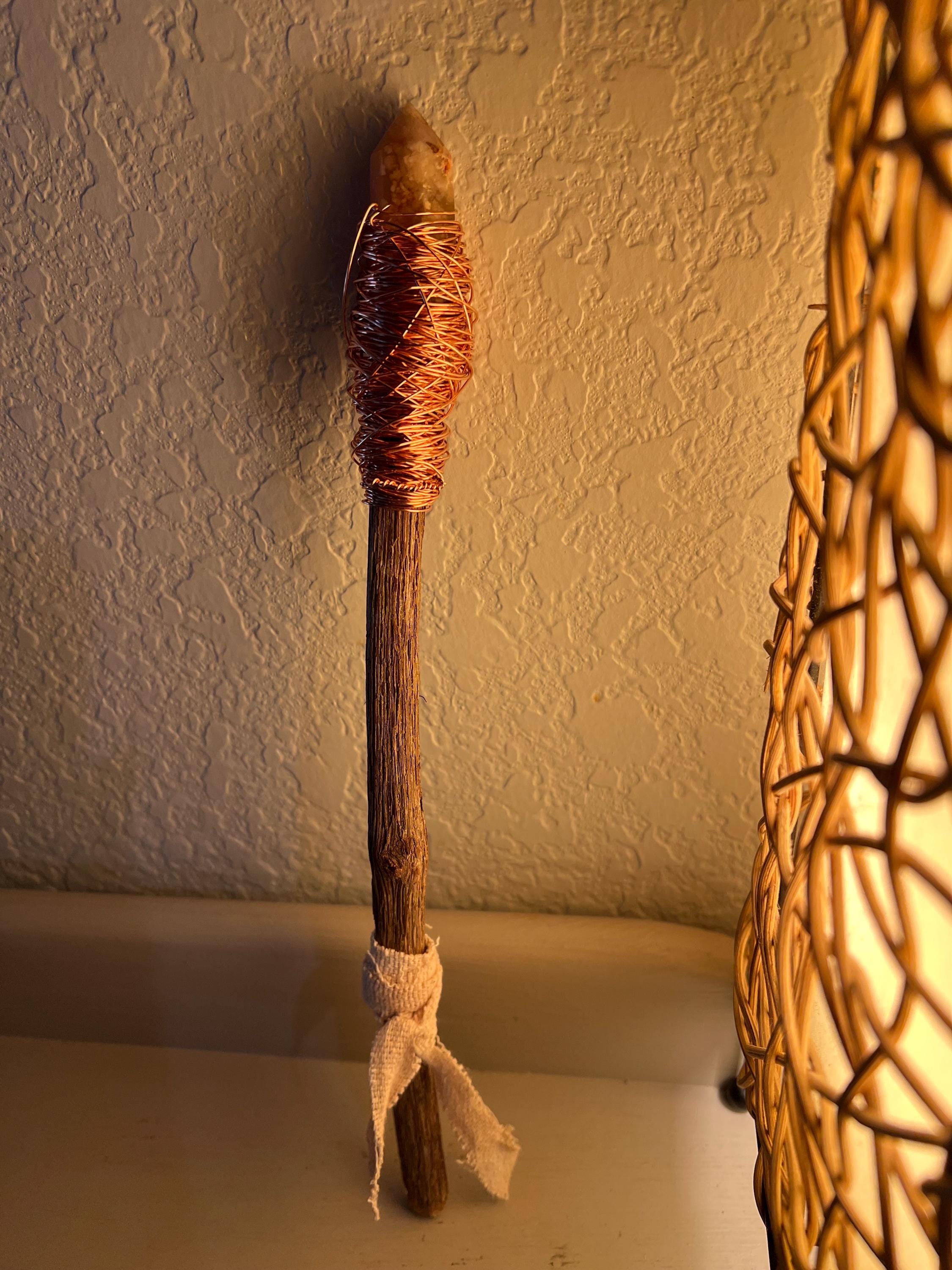 Handmade Flower Agate Crystal Handmade Wand, Foraged Grapevine Wand, Witch’s Ritual Tool, Crystal Staff, Copper Wire Wrapped, OOAK Decor