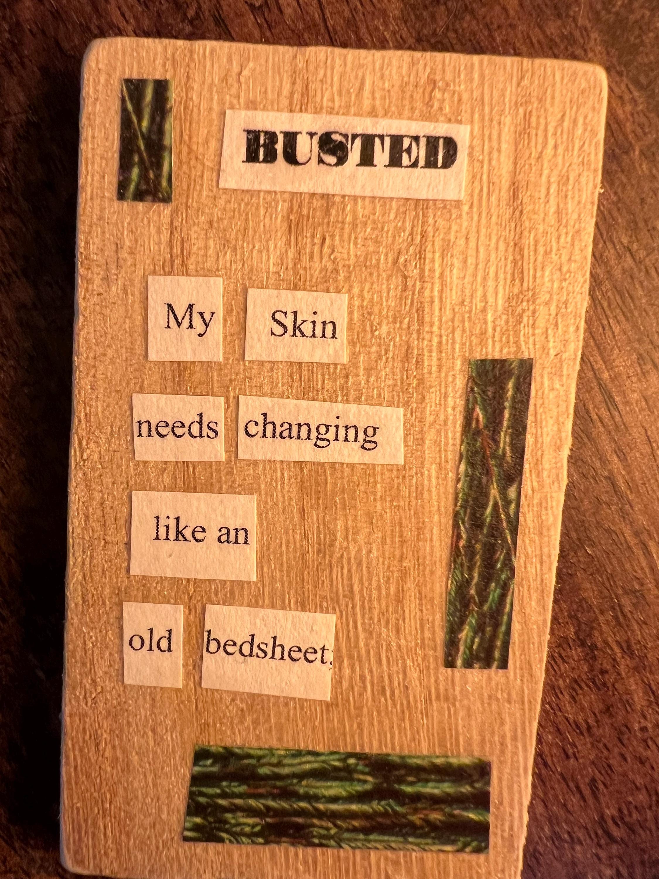 Busted, poetry art, reclaimed wood, made by the witch at OLC